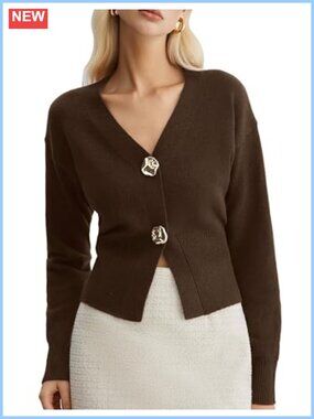 V Neck Cardigan Sweater Long Sleeve Gold Button Cropped Pullover